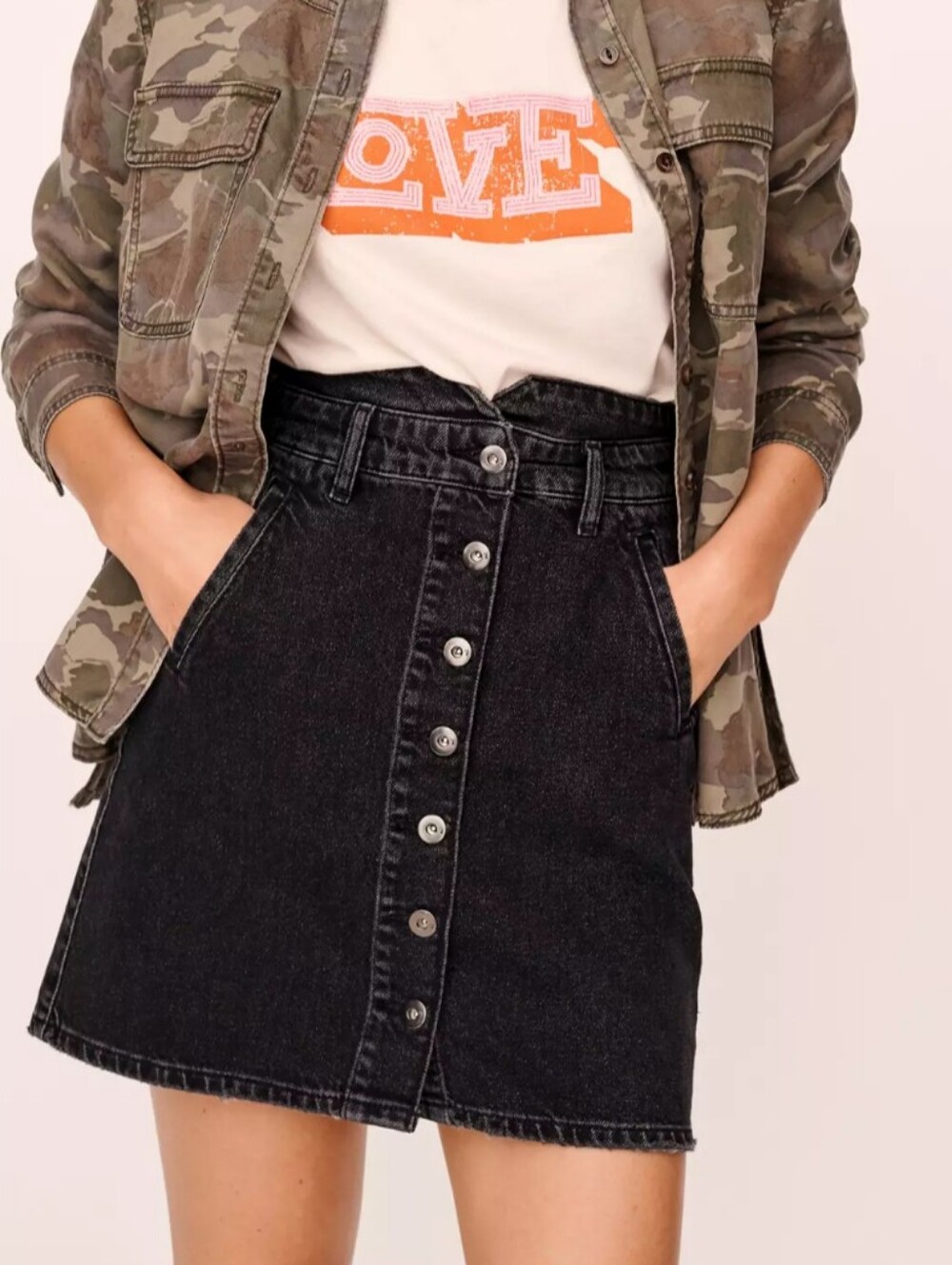 Anthropologie Black Denim Mini Skirt Pilcro & The Letterpress Sz 4 Button Front